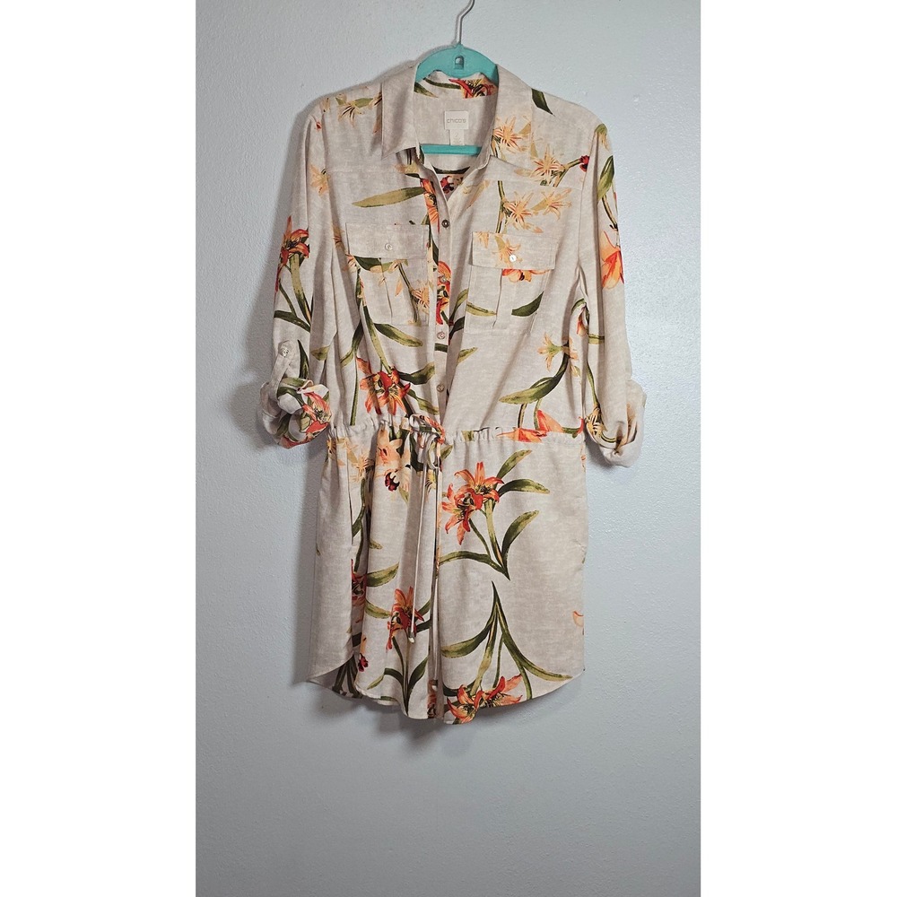 Chicos Floral Drawstring Waist Utility Tunic Top Beige Orange Size 2 Large